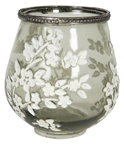 Skleněný šedo zelený svícen Katinka s květinami a zdobeným okrajem L – 12x13 cm