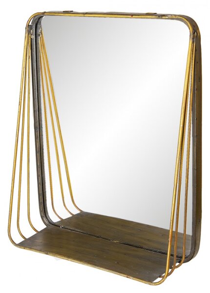 Zlaté retro zrcadlo v kovovém rámu s dřevěnou poličkou Gold – 34x11x42 cm