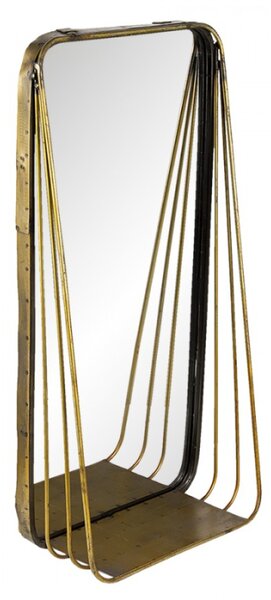 Zlaté kovové zrcadlo s patinou a poličkou – 24x11x49 cm