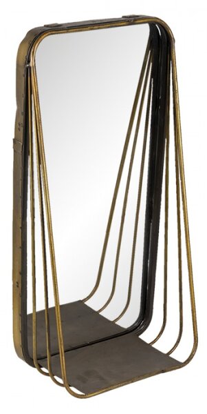 Zlaté podlouhlé zrcadlo v kovovém rámu s dřevěnou poličkou Gold – 19x11x39 cm
