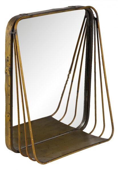 Zlaté čtvercové zrcadlo v kovovém rámu s dřevěnou poličkou Gold – 26x11x32 cm