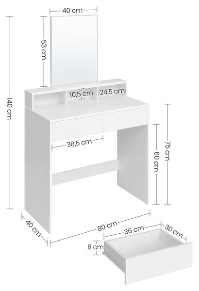 Toaletní stolek s velkým zrcadlem, 2 šuplíky, moderní kosmetický stolek, bílý