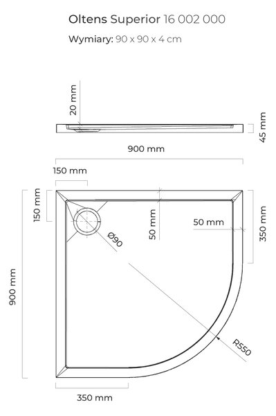 Oltens Superior půlkruhová sprchová vanička 90x90 cm bílá 16002000