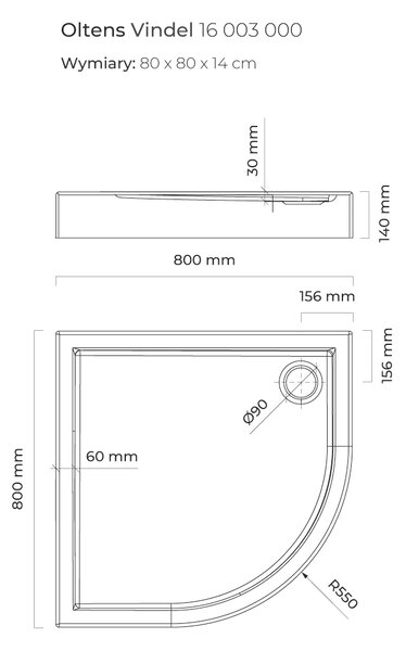 Oltens Vindel půlkruhová sprchová vanička 80x80 cm bílá 16003000