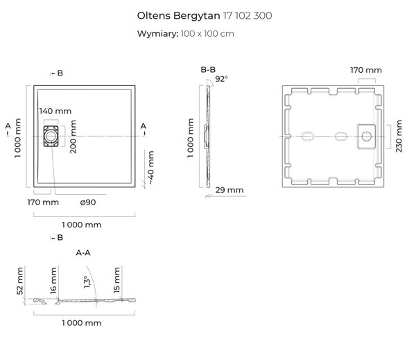 Oltens Bergytan čtvercová sprchová vanička 100x100 cm černá 17102300