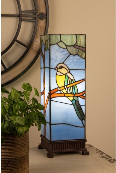 Modrá stolní lampa Tiffany s ptáčkem Birdie – 18x18x48 cm