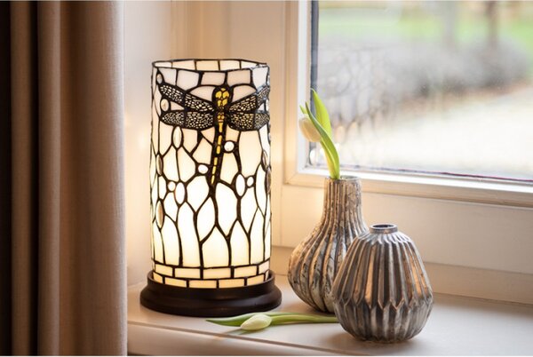 Bílá válcovitá stolní lampa Tiffany s vážkou DragonFly – 15x26 cm