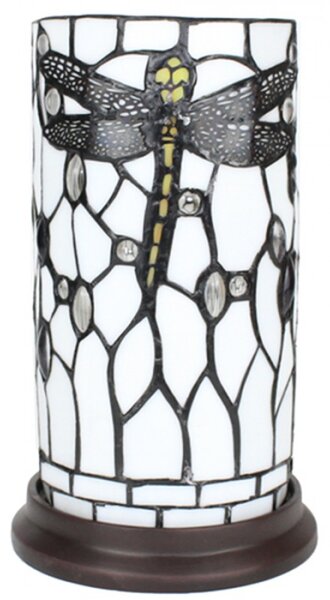 Bílá válcovitá stolní lampa Tiffany s vážkou DragonFly – 15x26 cm