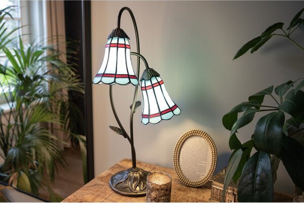 Modrá stolní Tiffany lampa 2 stínidla červené pruhy RedLine – 35x18x61 cm