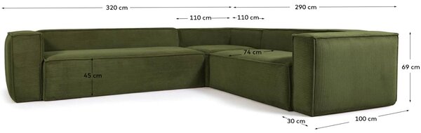 Kave Home Zelená manšestrová rohová pohovka Blok 320 cm, pravá