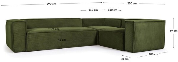 Kave Home Zelená manšestrová rohová pohovka Blok 290 cm, pravá