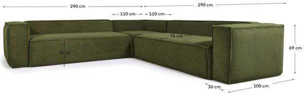 Kave Home Zelená manšestrová rohová pohovka Blok 290 cm, levá/pravá