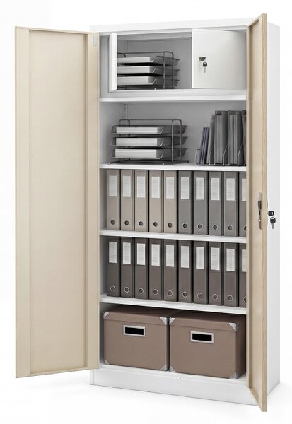 Kovová skříň s úložným prostorem bílá / dub sonoma: Eco Design TOMASZ, 900 x 1850 x 450 mm