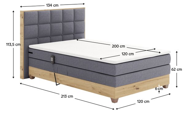 KONDELA Elektrická polohovací postel, boxspring, tmavě šedá/dub artisan, 120x200, TIANA