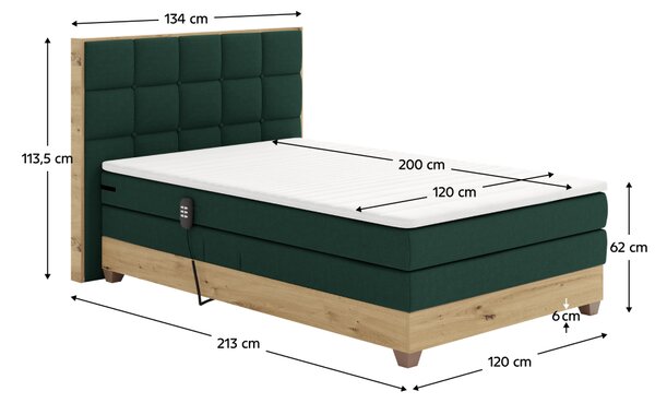 KONDELA Elektrická polohovací postel, boxspring, zelená/dub artisan, 120x200, TIANA