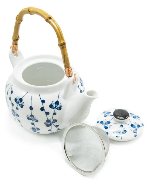 Porcelánová konvice Třešňové květy, 700 ml, bílá, motiv sakury, bambusové ucho, nerezové sítko