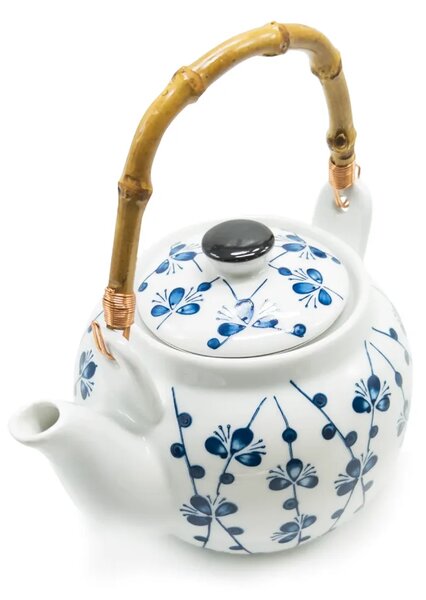 Porcelánová konvice Třešňové květy, 700 ml, bílá, motiv sakury, bambusové ucho, nerezové sítko
