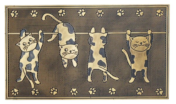 Gumová rohožka Bo-Ma Trading 4 hravé kočky na šňůře, 75 × 45 cm, odolná, motiv kočiček, bronzová patina