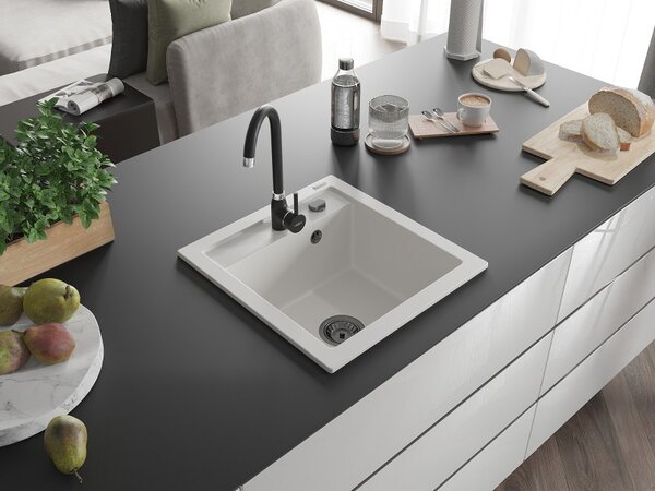 Mexen Vito, granitový dřez 520x490x210 mm, 1-komorový, bílá s černým sifonem, 6503521000-20-B