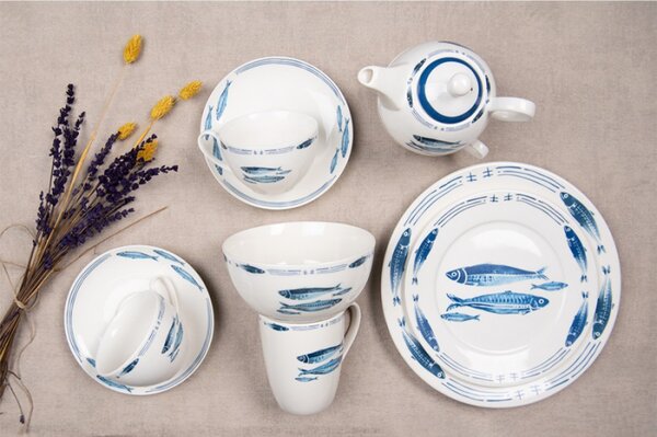 Porcelánový šálek s podšálkem s rybkami Fish Blue – 12x6x6 cm