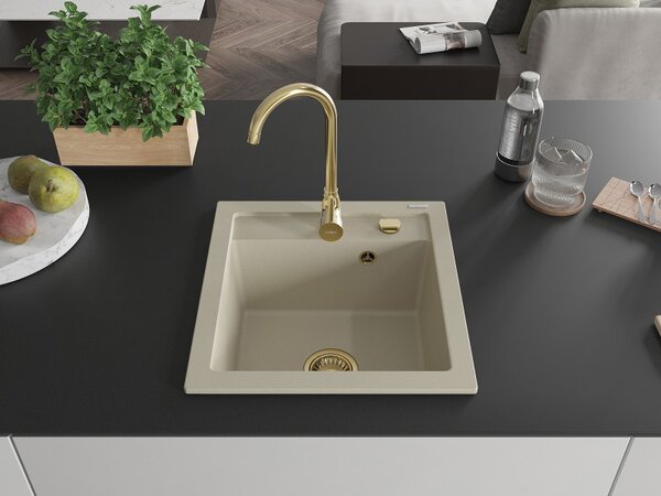 Mexen Vito, granitový dřez 520x490x210 mm, 1-komorový, béžová se zlatým sifonem, 6503521000-69-G