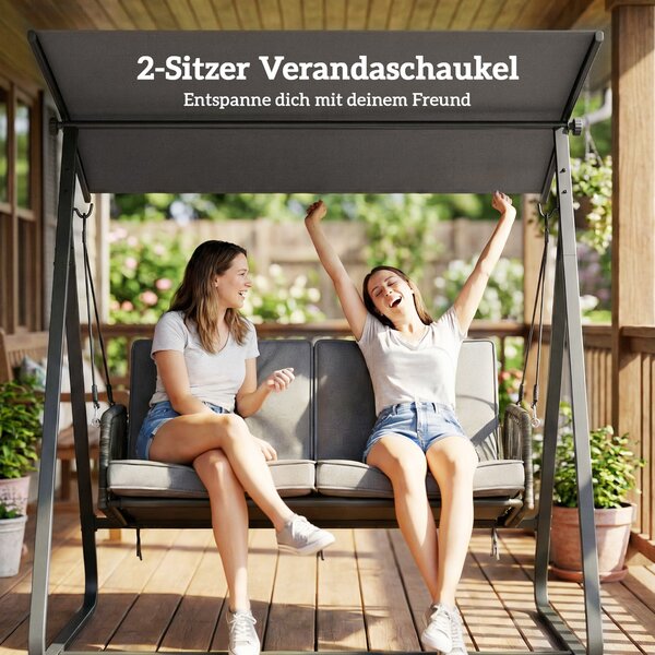 Outsunny ratanová houpačka Hollywood pro 2 osoby s nastavitelnou sluneční stříškou a měkkými polštáři, A‑rám — nosnost 240 kg — 150 x 128 x 168 cm — t