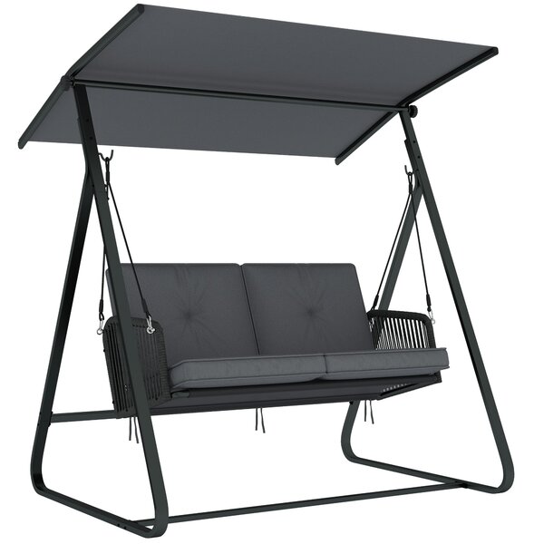 Outsunny ratanová houpačka Hollywood pro 2 osoby s nastavitelnou sluneční stříškou a měkkými polštáři, A‑rám — nosnost 240 kg — 150 x 128 x 168 cm — t