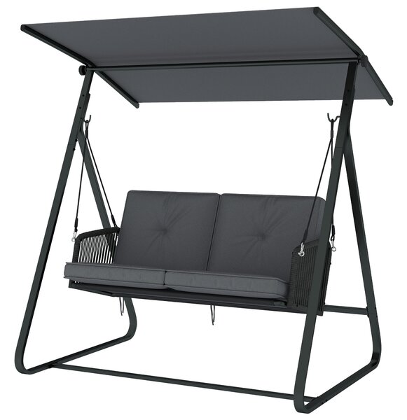 Outsunny ratanová houpačka Hollywood pro 2 osoby s nastavitelnou sluneční stříškou a měkkými polštáři, A‑rám — nosnost 240 kg — 150 x 128 x 168 cm — t