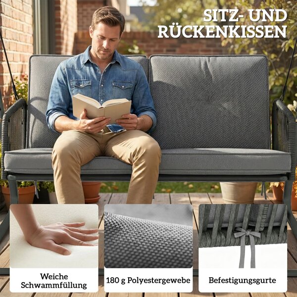 Outsunny ratanová houpačka Hollywood pro 2 osoby s nastavitelnou sluneční stříškou a měkkými polštáři, A‑rám — nosnost 240 kg — 150 x 128 x 168 cm — t