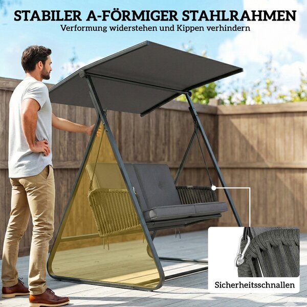 Outsunny ratanová houpačka Hollywood pro 2 osoby s nastavitelnou sluneční stříškou a měkkými polštáři, A‑rám — nosnost 240 kg — 150 x 128 x 168 cm — t