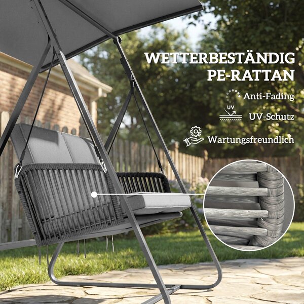 Outsunny ratanová houpačka Hollywood pro 2 osoby s nastavitelnou sluneční stříškou a měkkými polštáři, A‑rám — nosnost 240 kg — 150 x 128 x 168 cm — t