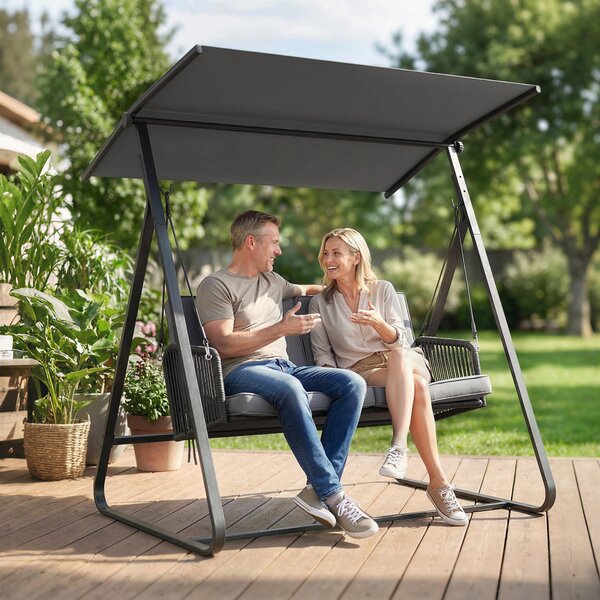 Outsunny ratanová houpačka Hollywood pro 2 osoby s nastavitelnou sluneční stříškou a měkkými polštáři, A‑rám — nosnost 240 kg — 150 x 128 x 168 cm — t