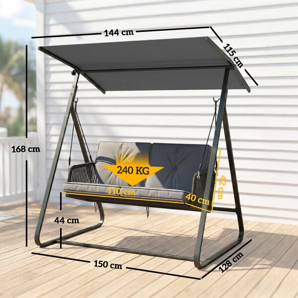 Outsunny ratanová houpačka Hollywood pro 2 osoby s nastavitelnou sluneční stříškou a měkkými polštáři, A‑rám — nosnost 240 kg — 150 x 128 x 168 cm — t