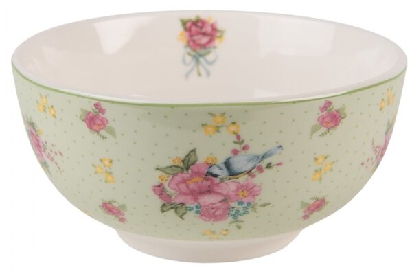 Zelená porcelánová miska s květy a ptáčkem Cheerful Birdie – 500 ml