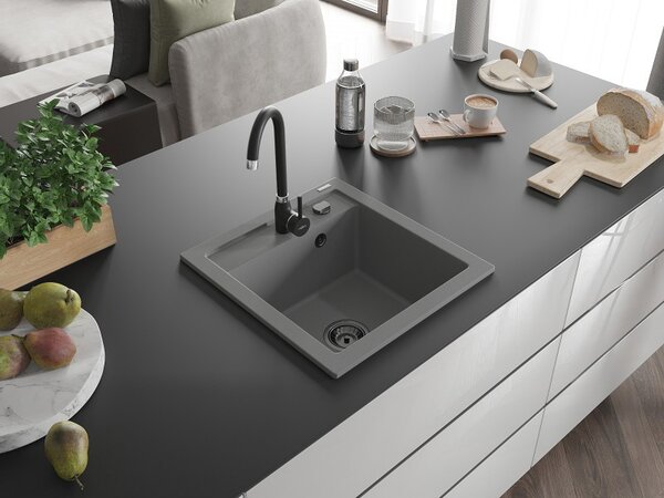 Mexen Vito, granitový dřez 520x490x210 mm, 1-komorový, šedá s černým sifonem, 6503521000-71-B