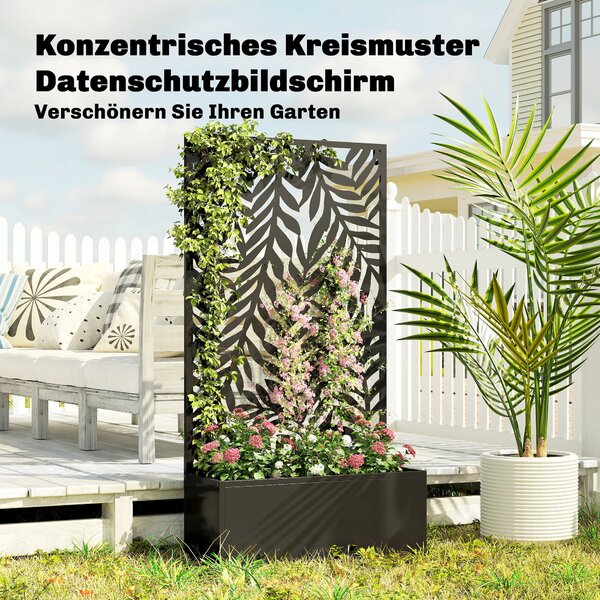 Kovový květináč Outsunny s mříží a panelem s tropickými listy, 61 × 23 × 113 cm, černý | Aosom