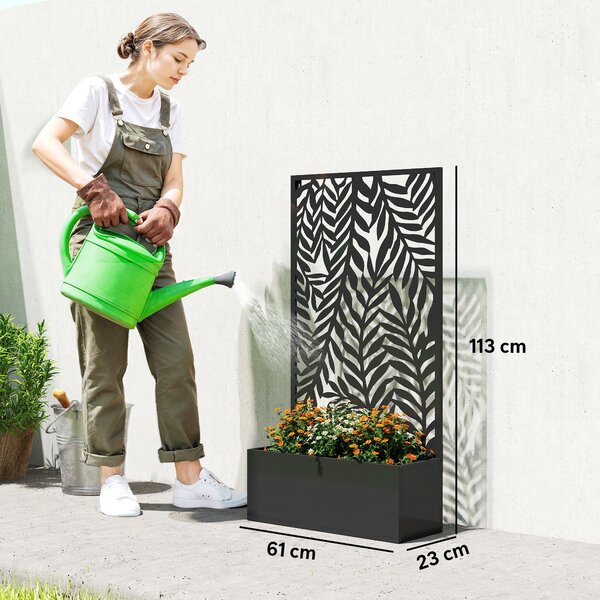Kovový květináč Outsunny s mříží a panelem s tropickými listy, 61 × 23 × 113 cm, černý | Aosom