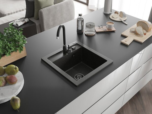 Mexen Vito, granitový dřez 520x490x210 mm, 1-komorový, černá-zlatá metalíza s černým sifonem, 6503521000-75-B