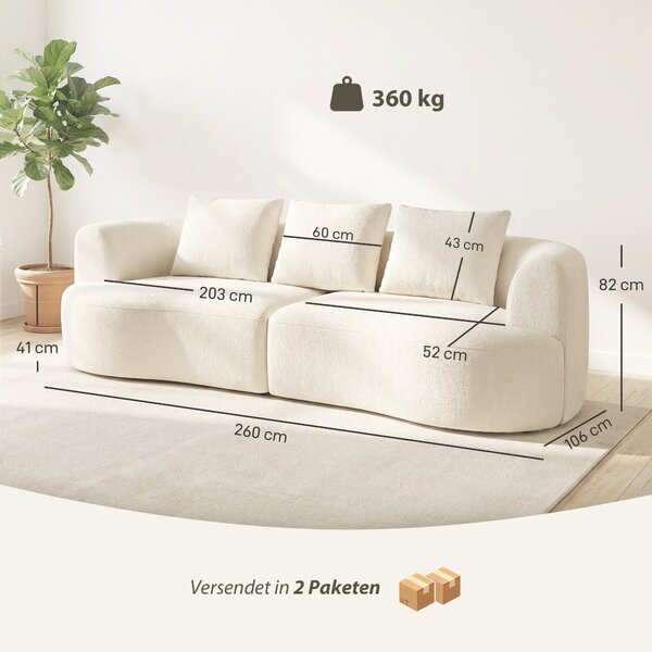 HOMCOM pohovka pro 3 osoby, 260 cm chenille ‚cloud‘ sedačka s 3 bederními polštáři, širokými područkami a polstrovaným sedákem — krémová | Aosom