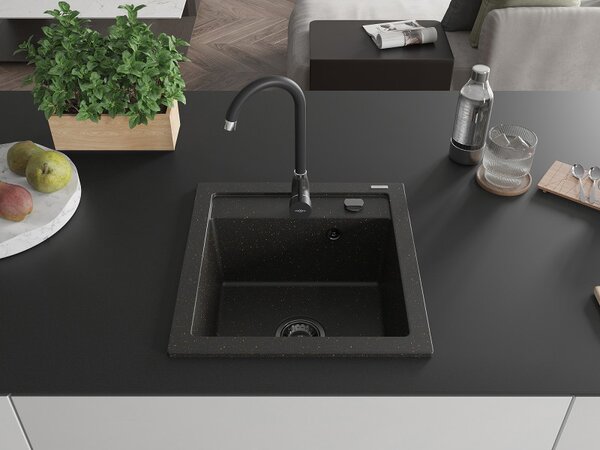 Mexen Vito, granitový dřez 520x490x210 mm, 1-komorový, černá-zlatá metalíza s černým sifonem, 6503521000-75-B