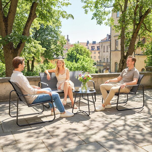 Outsunny 4dílná sada zahradního nábytku pro 4 osoby — prodyšná lounge se 2místnou pohovkou, 2 křesly a kulatým stolkem, nastavitelná nožka, odolné vůč