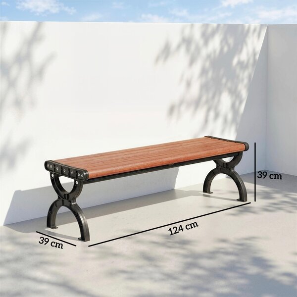 Outsunny 2místná zahradní lavička — kovový rám s roštovým sedákem pro terasu a balkón, 124 × 39 × 39 cm, hnědá | Aosom