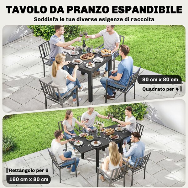 Outsunny rozkládací stůl pro 4–6 osob | 80–160 × 80 cm | černý práškový hliník | Aosom