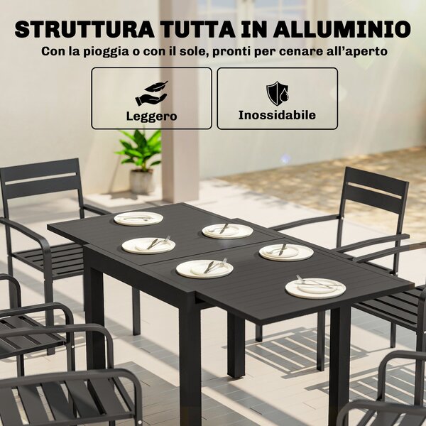 Outsunny rozkládací stůl pro 4–6 osob | 80–160 × 80 cm | černý práškový hliník | Aosom
