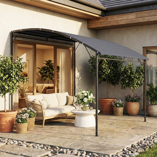Outsunny stěnová zahradní pergola, 384 × 286 × 252 cm — šikmá drenážní střecha, nepromokavá stříška UPF30+, práškově lakovaný kovový rám, šedá | Aosom