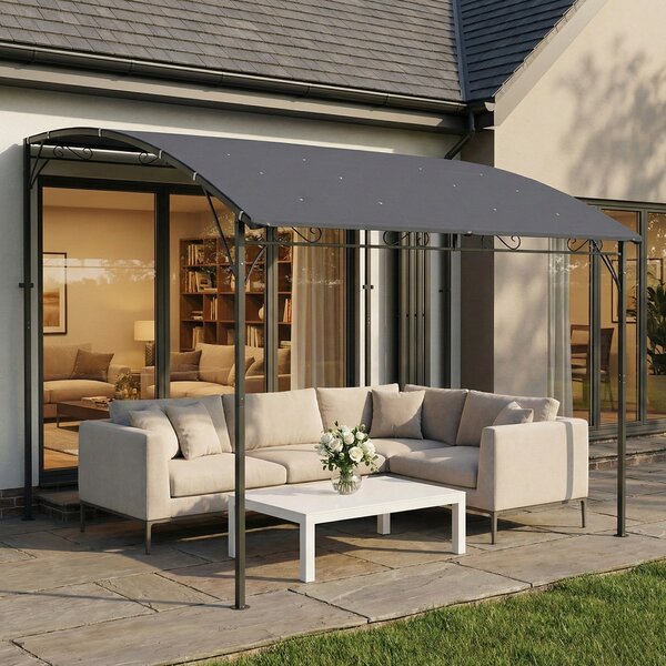 Outsunny stěnová zahradní pergola, 384 × 286 × 252 cm — šikmá drenážní střecha, nepromokavá stříška UPF30+, práškově lakovaný kovový rám, šedá | Aosom