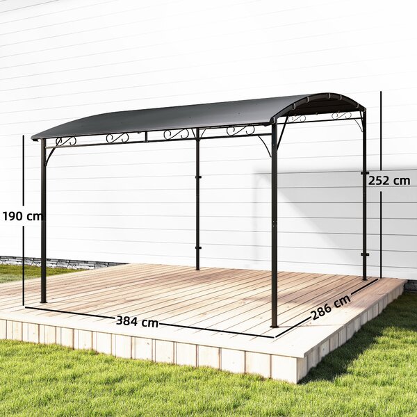 Outsunny stěnová zahradní pergola, 384 × 286 × 252 cm — šikmá drenážní střecha, nepromokavá stříška UPF30+, práškově lakovaný kovový rám, šedá | Aosom
