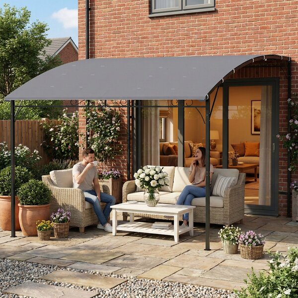Outsunny stěnová zahradní pergola, 384 × 286 × 252 cm — šikmá drenážní střecha, nepromokavá stříška UPF30+, práškově lakovaný kovový rám, šedá | Aosom