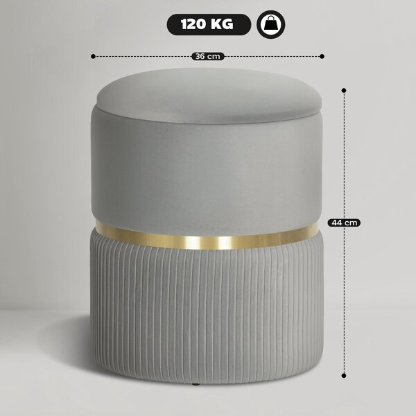 HOMCOM kulatý sametový úložný taburet s odnímatelným víkem — 36.1 × 36.1 × 43.9 cm, světle šedý | Aosom