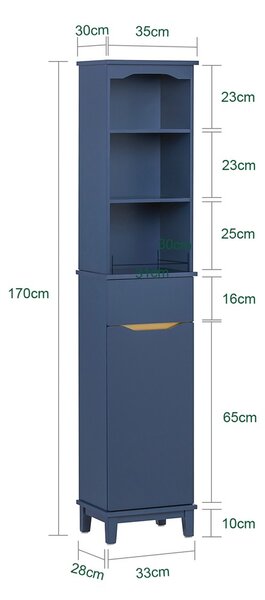 Sobuy Bzr112-B Vysoká Skříňka Koupelnová Skříňka Úzká Koupelnová Polička Koupelnový Nábytek Modrá 35X170X30Cm